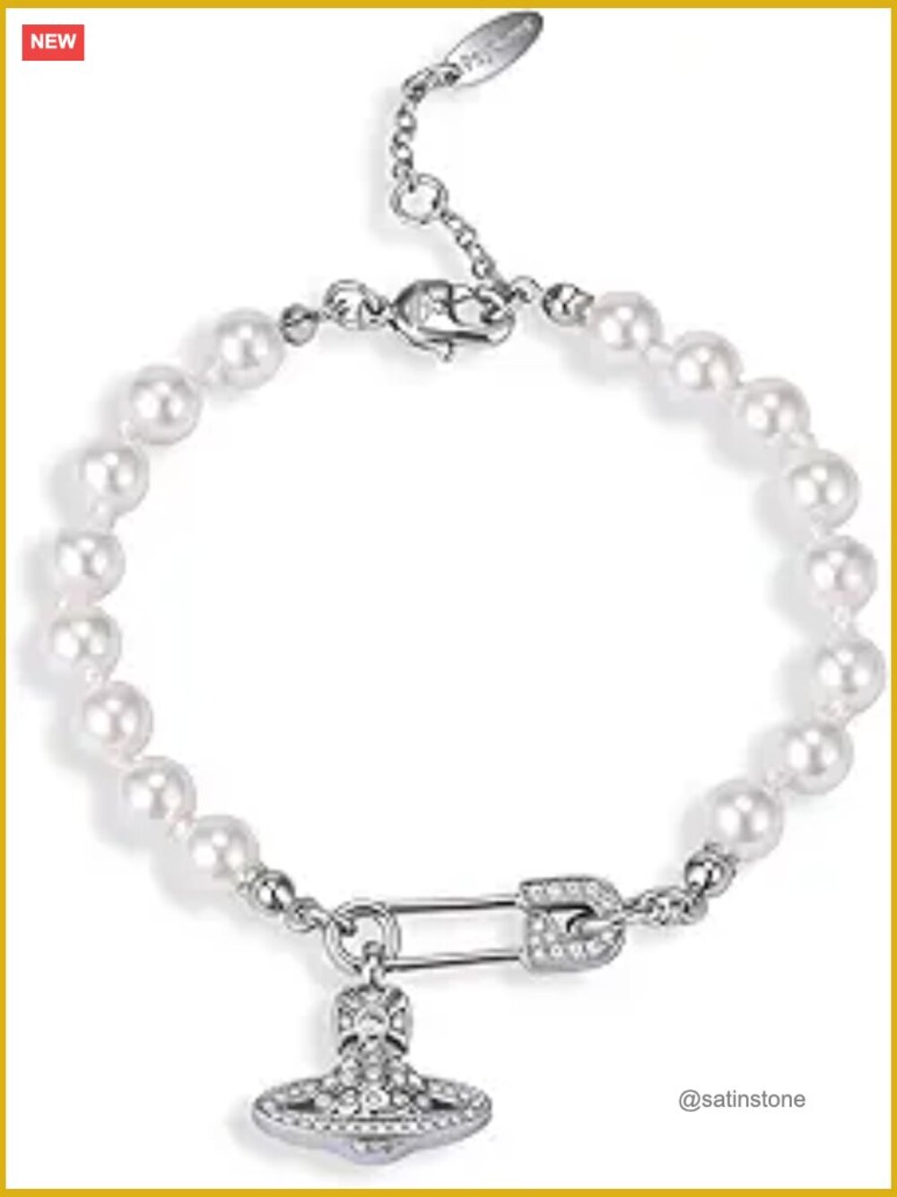 Saturn Pearl Charm Bracelet with Zirconia - Link Chain